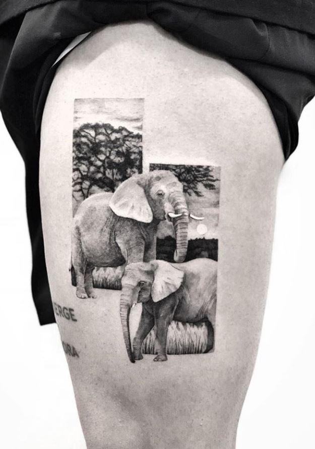 Black & Gray Elephant Tattoo