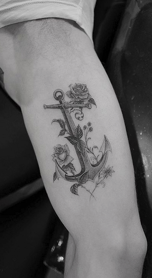 Anchor and Flowers Tattoo
