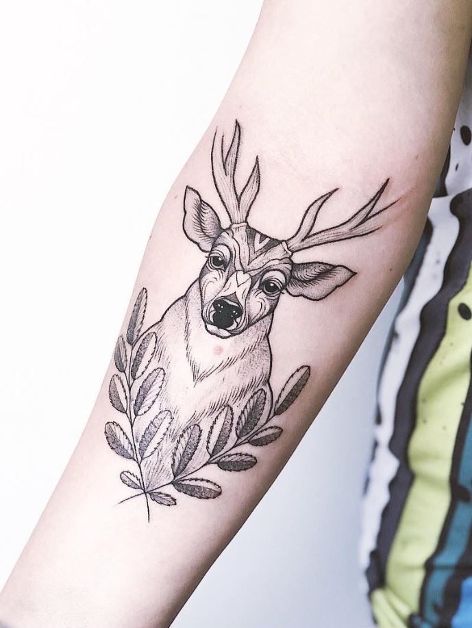 Black And Gray Deer Tattoo